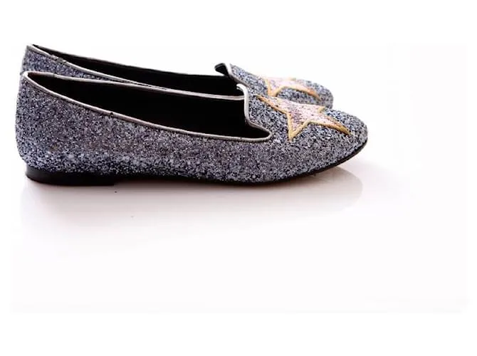 Autre Marque Chiarra Ferragni, bailarinas plateadas con purpurina y estrellas de hollywood rosas en talla 9/39. Plata 