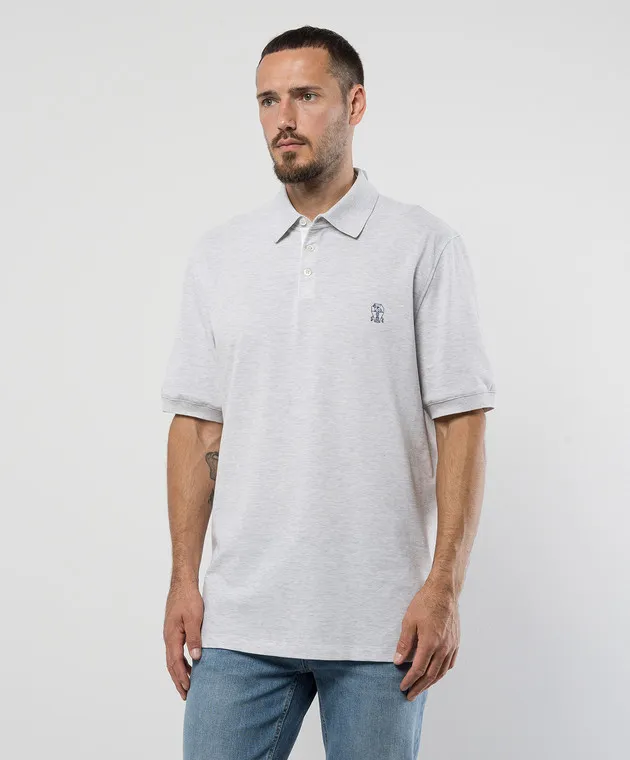 Brunello Cucinelli Gray melange polo with logo emblem print