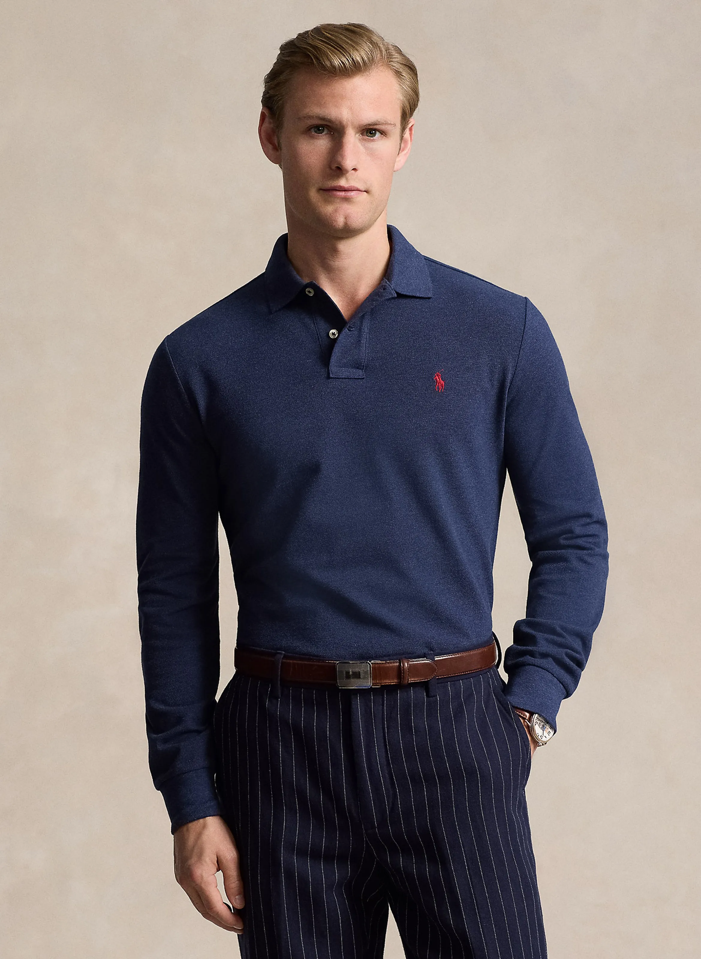 POLO RALPH LAUREN Polo regular fit de piqué de algodón de manga larga en azul