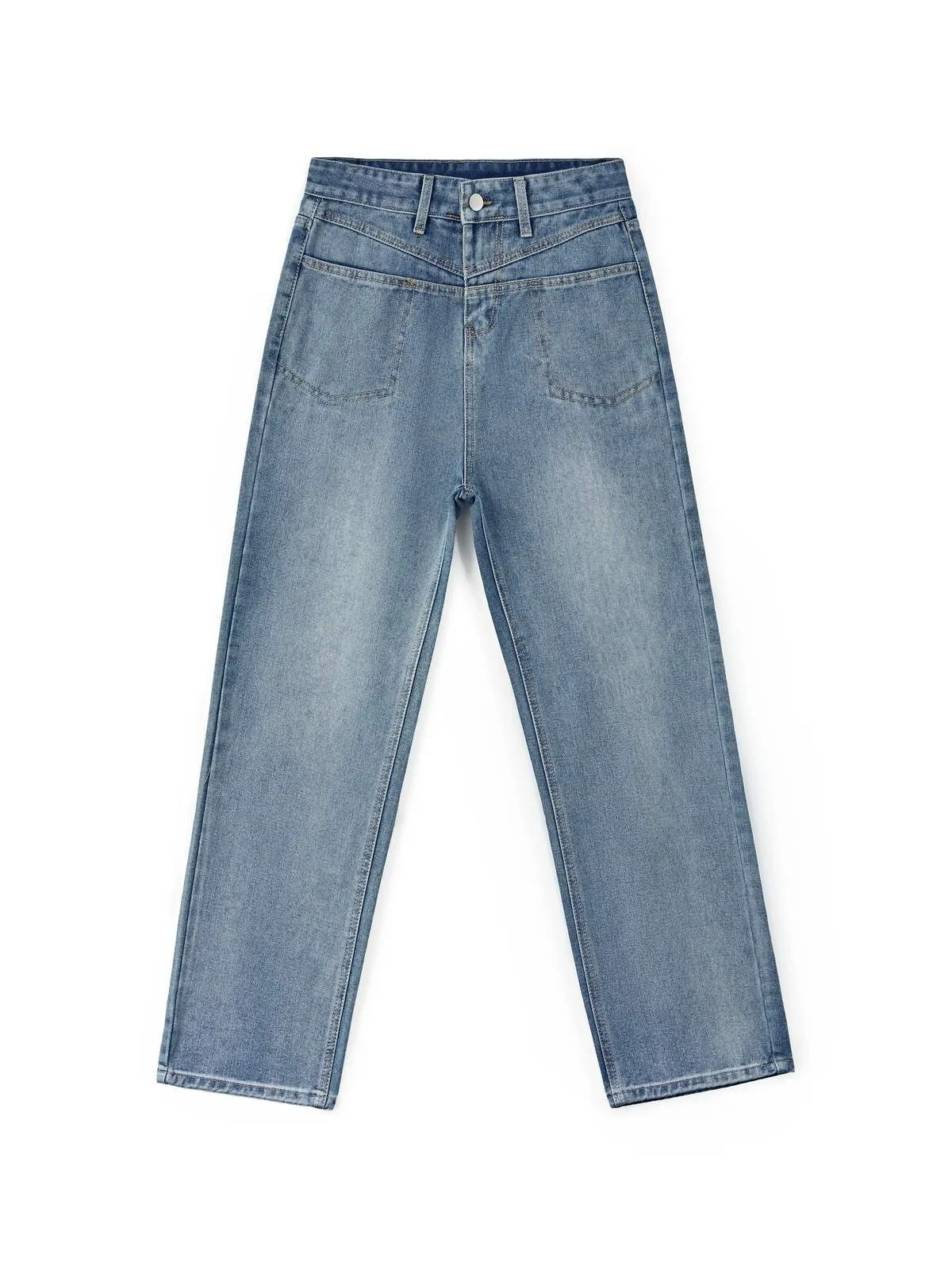 Vaqueros boyfriend de tiro alto con patchwork azul